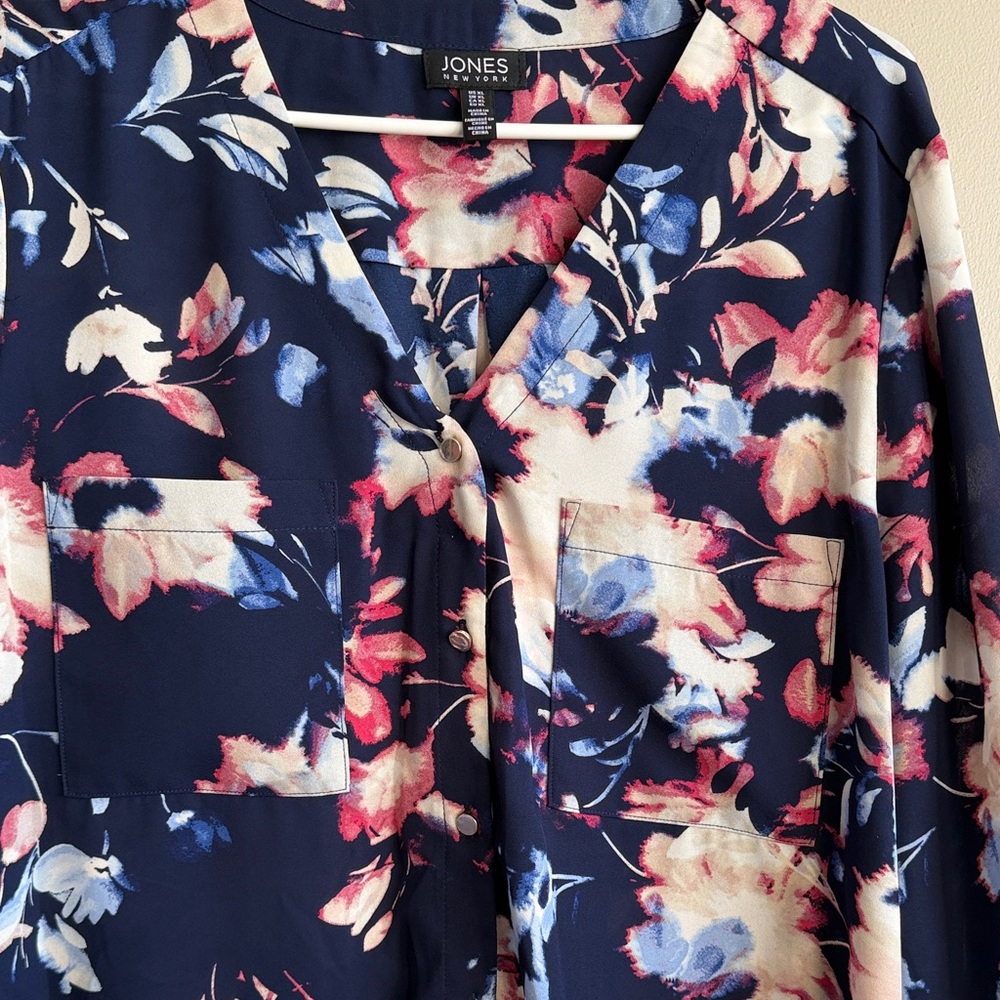 Jones New York Navy Floral Tie-Neck Blouse - Picture 2 of 4